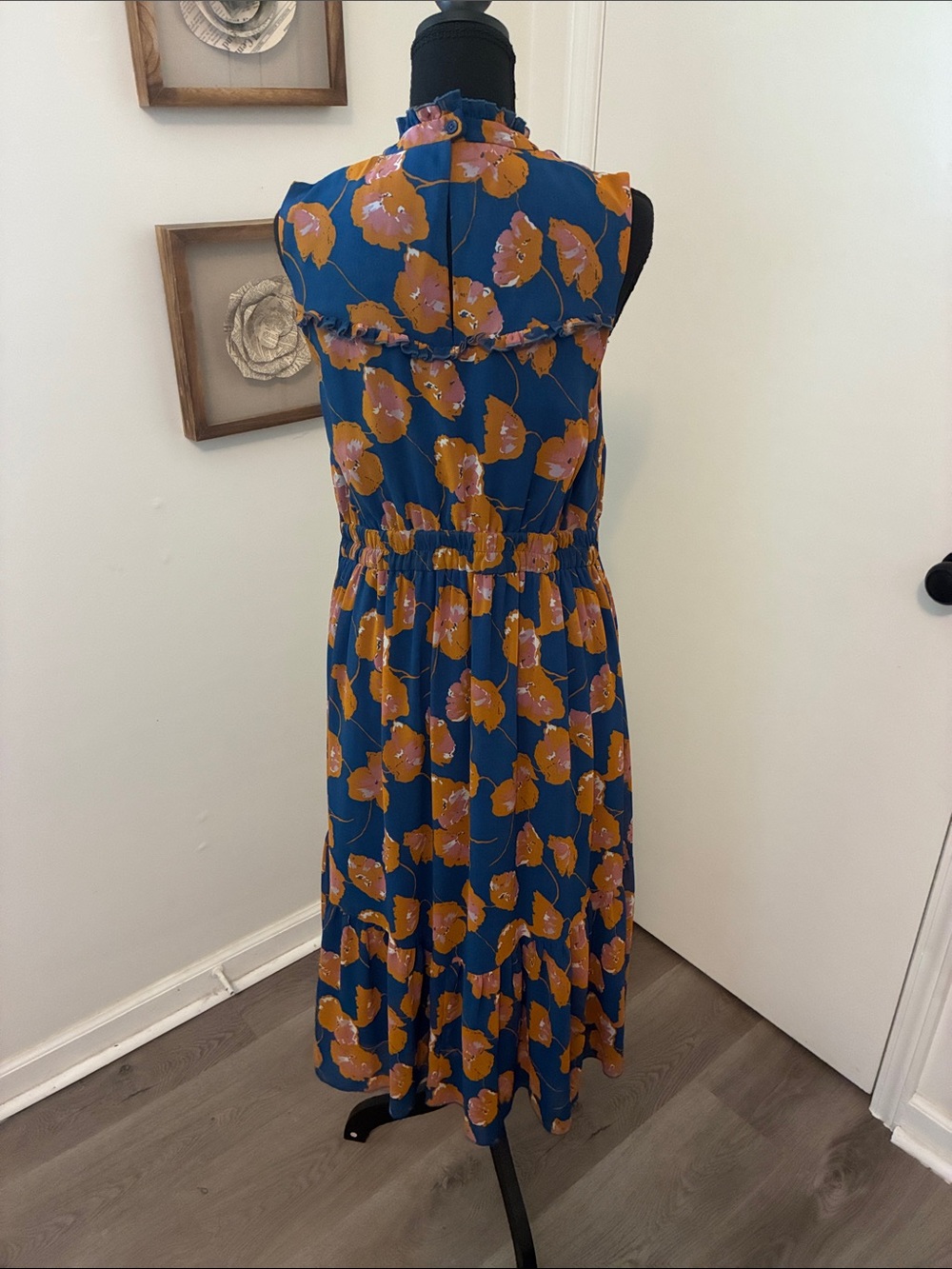 Modcloth Blue/Orange Floral Sleeveless Ruffle Midi Dress Size Large - Picture 4 of 5